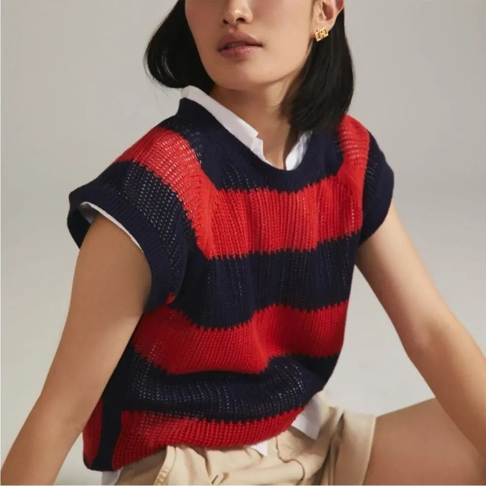 Clare V Blue Red Striped Knit Pullover Sweater Vest Modern Boho Preppy Academia